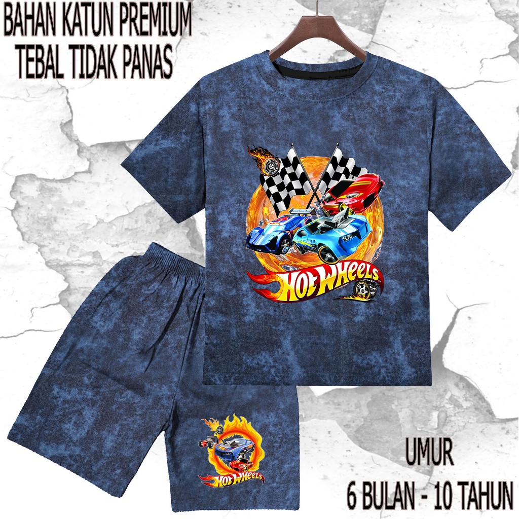 setelan baju anak - anak mobil hotwheel umur/tahun 6 bulan - 10 tahun bahan katun premium sablon DTF