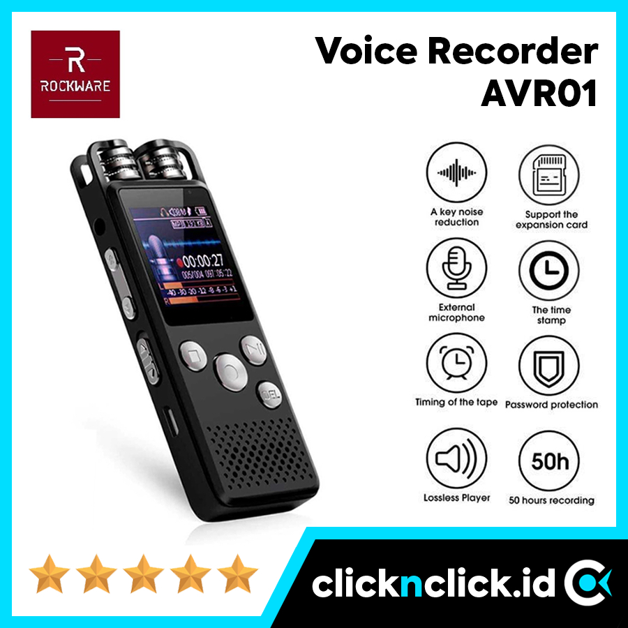 ROCKWARE RW-AVR01 Voice Recorder 8GB Dual Mic Perekam Suara Digital Alat Rekam Microphone Mikrofon R