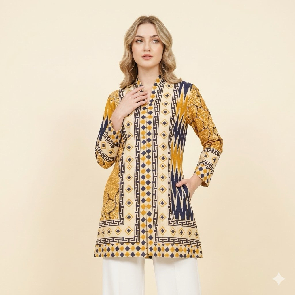 Shanaya Batik Tunik Setali Yellow Zipper Depan Batik Printing Batik Wanita Kerja