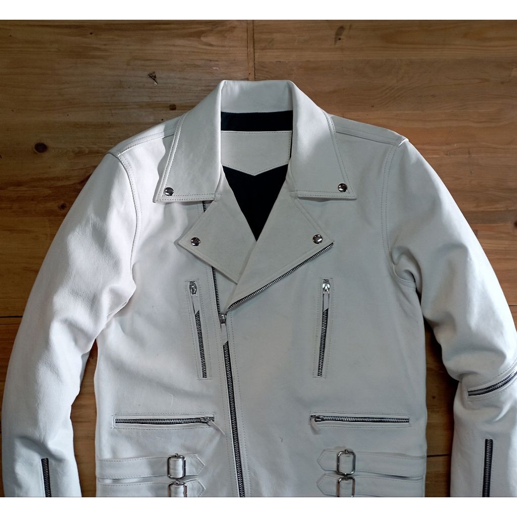 jaket kulit ramones pria size L kulit domba putih