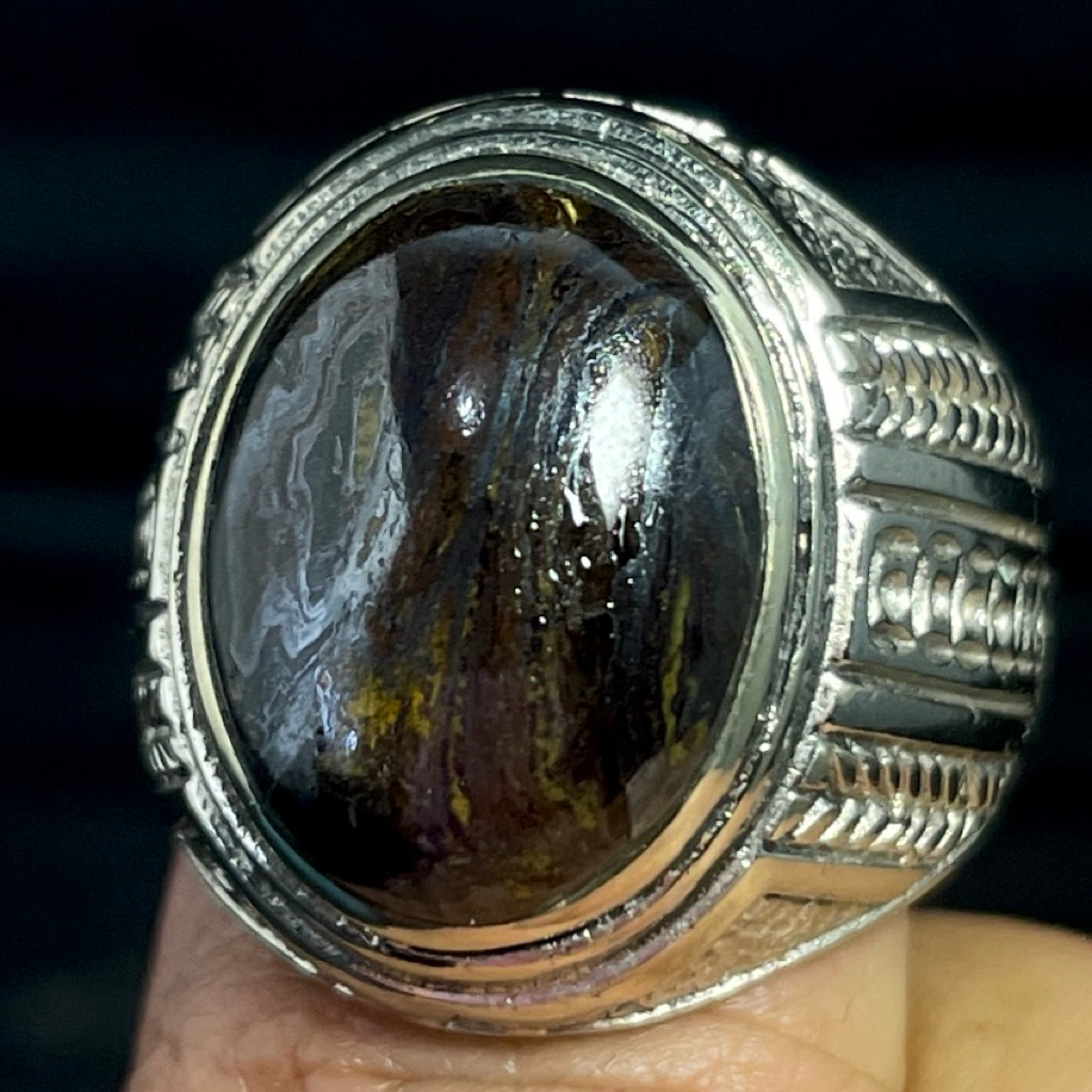 Cincin Batu Akik Jalak Sutra Natural Est 16x12x6 Ring Alpaka Size 19 Elegan Unik Siap Pakai