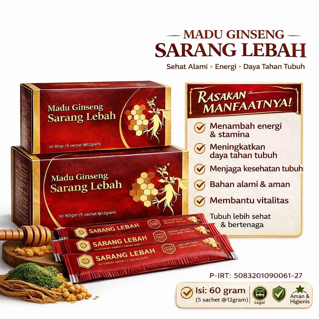 Madu Ginseng Sarang Lebah - Herbal Alami 60 gram 3 sachet 12gram Penambah Energi Stamina Daya Tahan 