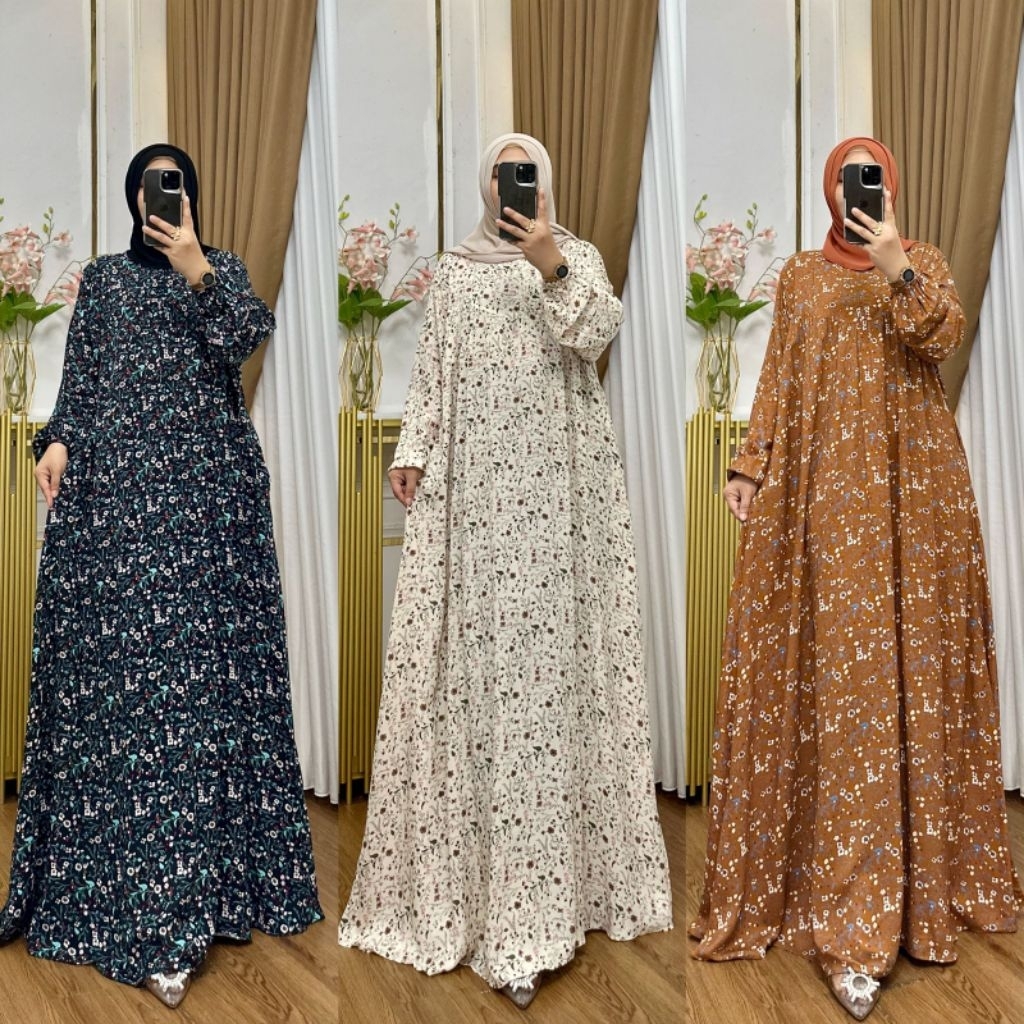 DRESS WANITA MUSLIM MOTIF BUNGA KECIL BAHAN KATUN RAYON PREMIUM