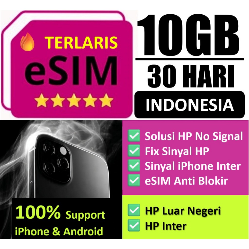 Esim Roaming Indonesia - Solusi Iphone Inter No Signal - Fix Sinyal HP - eSIM Anti Blokir - 10gb rea