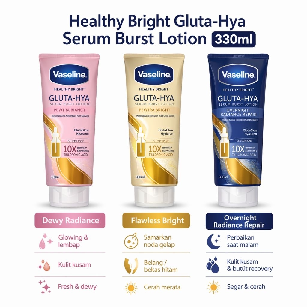 [3 Variasi] Vaseline Healthy Bright Gluta-Hya 10X Serum Burst Body Lotion Dewy Radiance 330ml Pink |