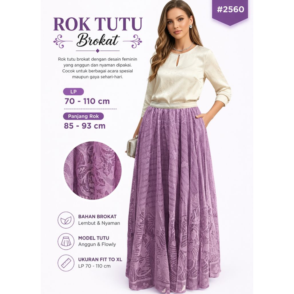 Rok Tutu Brukat Import Premium Wanita A-Line Midi Elegant Pinggang Karet Jumbo