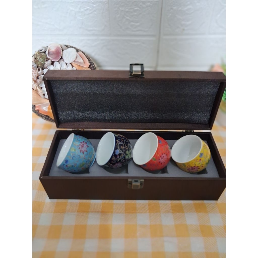 Tea set 4 pcs enamel color porcelain tea bowl