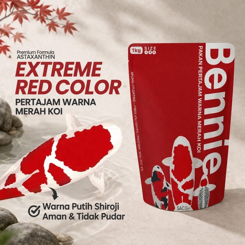 Pelet Koi Pakan Ikan Koi Pertajam Warna Merah KOI Pelet 1KG [ BENNIE SHORI ]