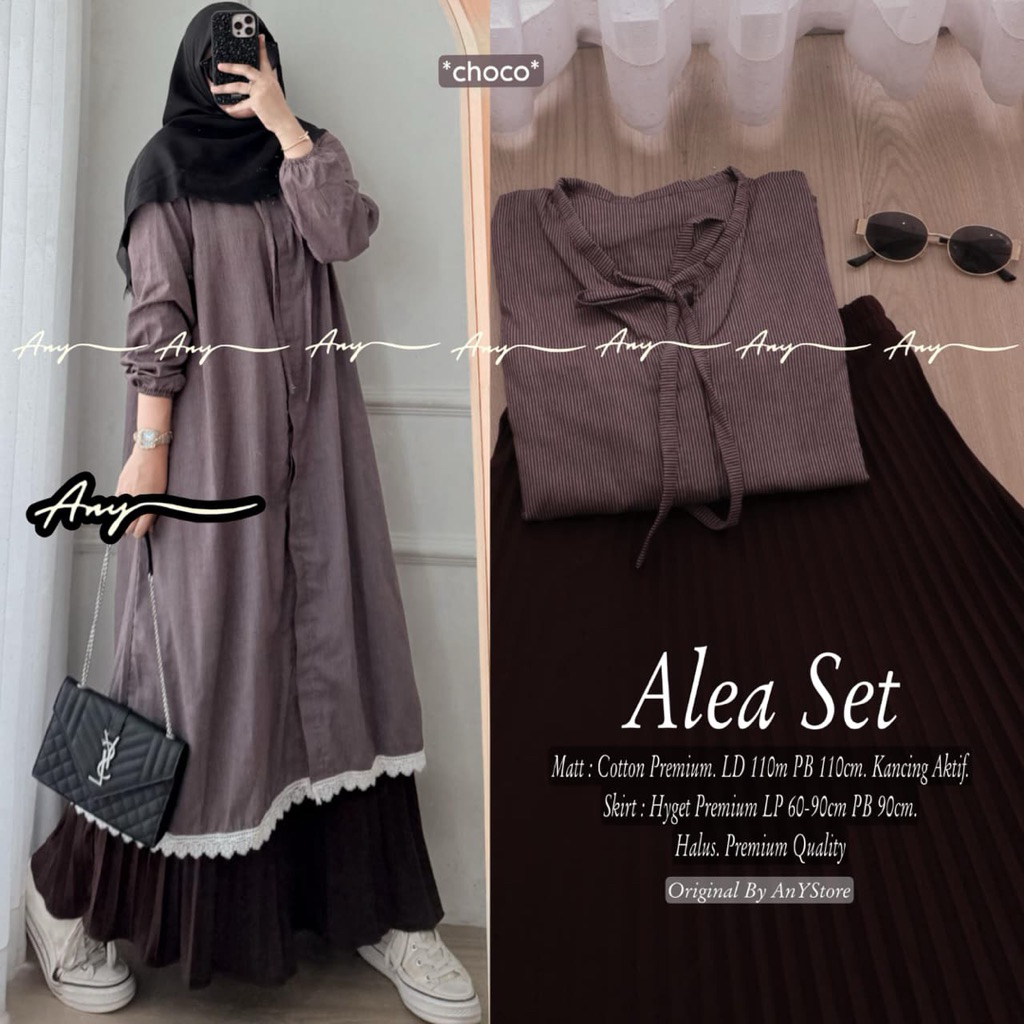 ready stok dan siap kirim jeslin alteda alea setelan tunik dan rok plisket nyaman di gunakan