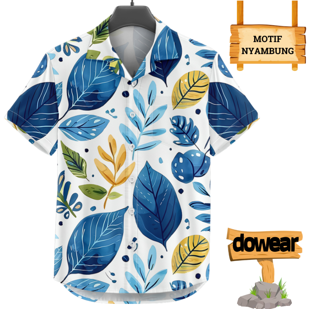 Dowear S-5XL Baju Kemeja Motif Pantai Cowok Cewek Spongebob Hawai Jumbo 1008 DAUN BIRU