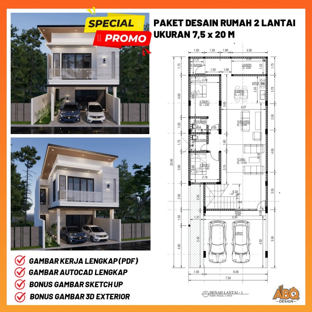Paket Desain Rumah  2 Lantai Ukuran 7,5 x 20 meter 5 Kamar Tidur