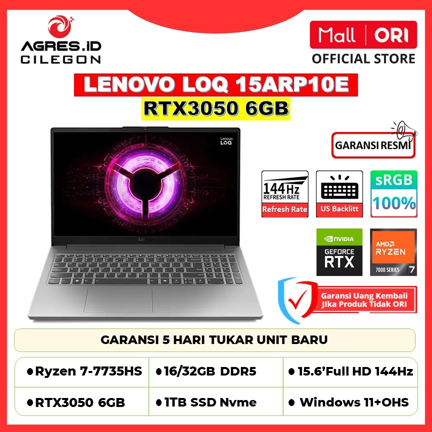 Lenovo LOQ 15ARP10E | AMD Ryzen 7 7735HS | RTX3050 6GB | 32GB 1TB SSD | 15.6-inch Full HD 144Hz 100%