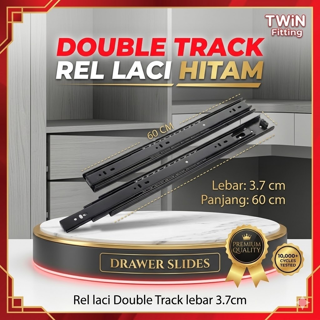 TWIN Rel Laci Double Track 60cm Ball Bearing Full Extension - Rel Teleskopik Lemari Kabinet Premium