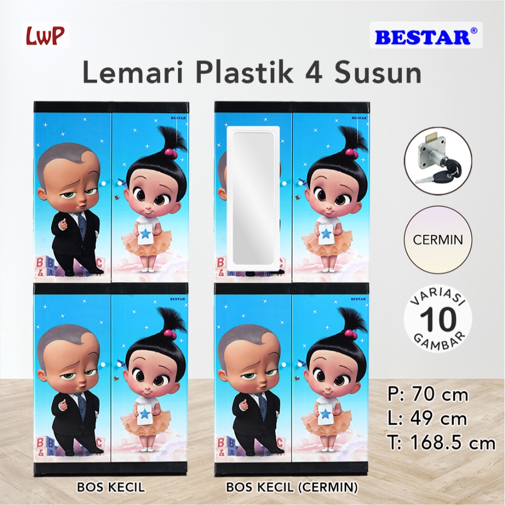BESTAR Lemari Plastik 4 Susun Kunci Cermin Karakter Anak Kartun