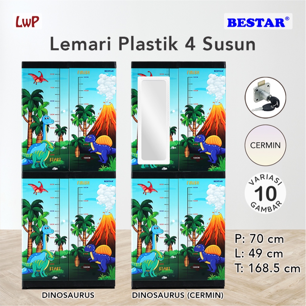 BESTAR Lemari Plastik 4 Susun Kunci Cermin Karakter Anak Dinosaurus Kartun