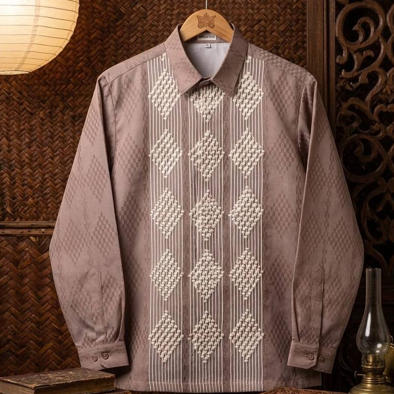 Batik Pria Lengan Panjang Semi Sutra Motif Batik Lengan Panjang S-XXL Mocca Biru Abu Pink