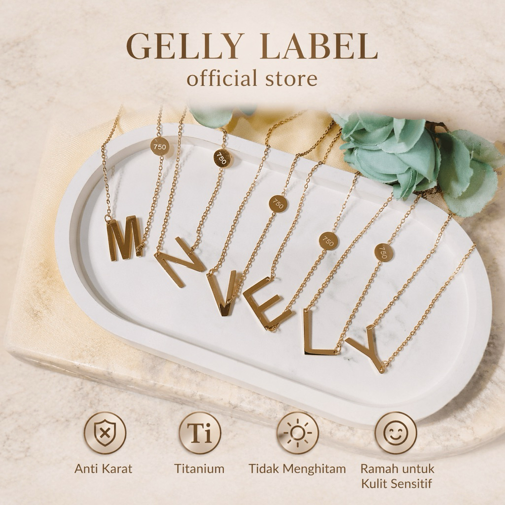 GELLY LABEL • Kalung Huruf • Kalung Huruf embos 750 • Rosegol • Titanium Anti Karat