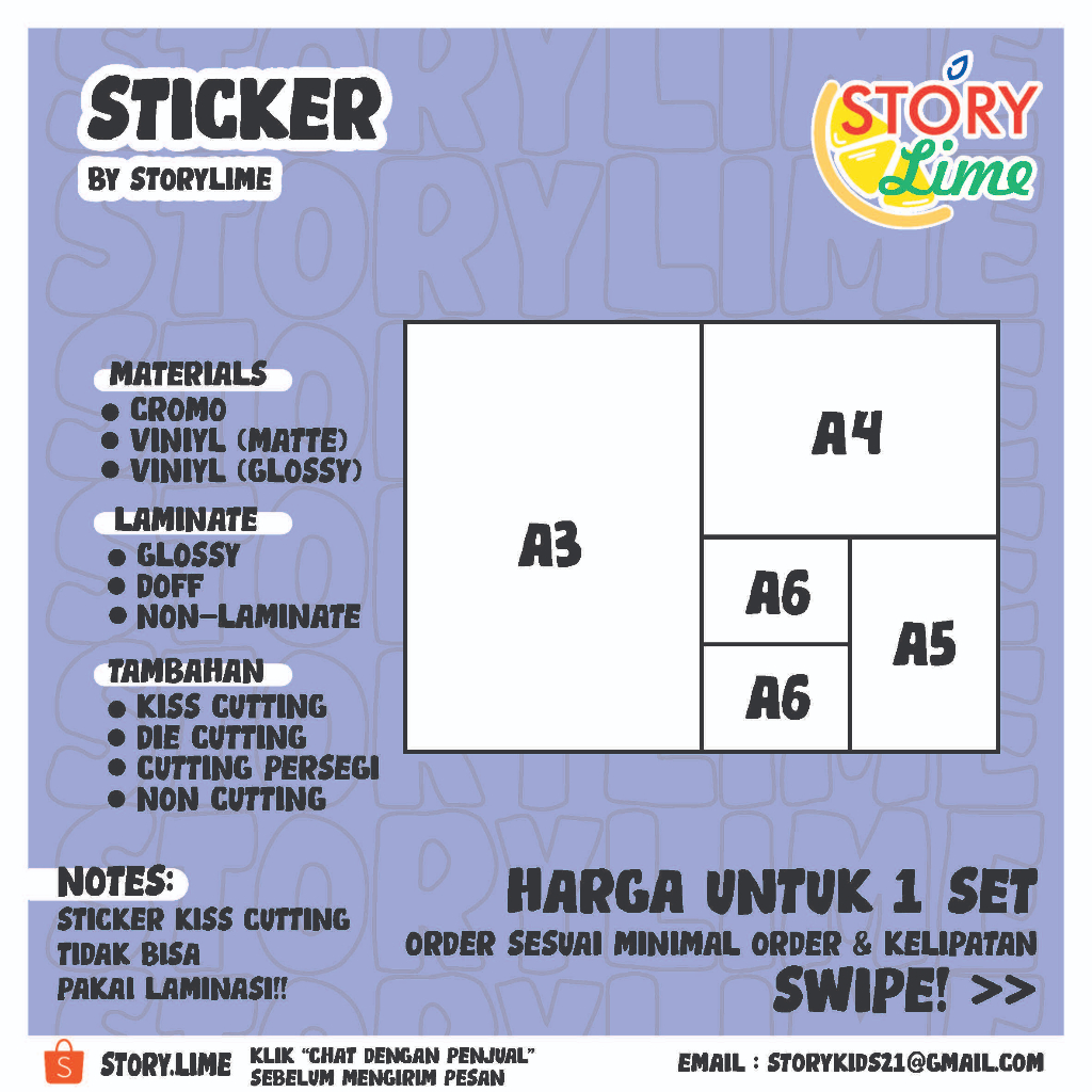 (HARGA PER SET) Sticker Custom ukuran A3, A4, A5, A6 (Sticker Label, sticker cutting, sticker deco, 
