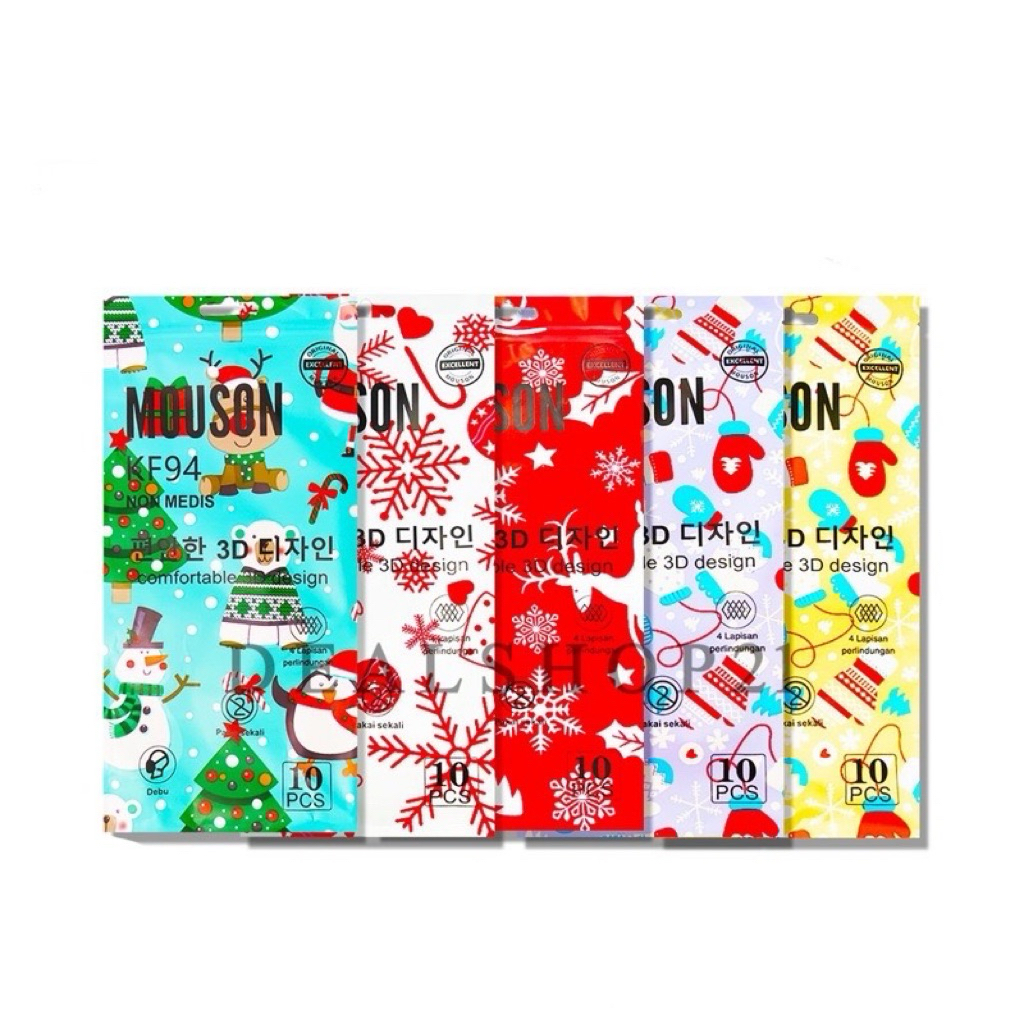 DEALSHOP21 - MASKER KF94 MOUSON 4PLY MOTIF ISI 10PC DEWASA MASKER MOTIF NATAL MOTIF IMLEK