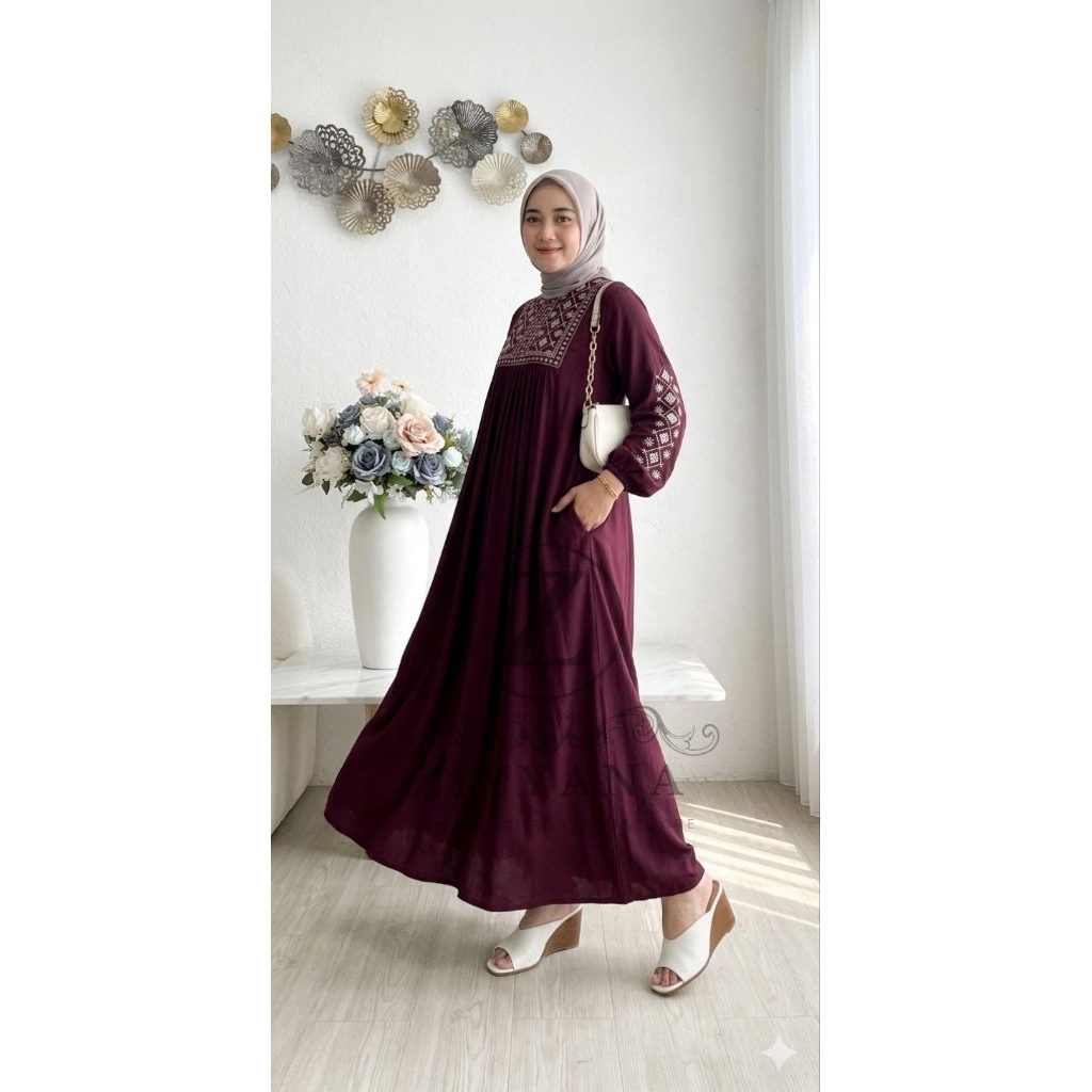 gamis rayon jumbo - zoyya dress polos mix bordir - rayon twill pemium | gamis lebaran busui modis el