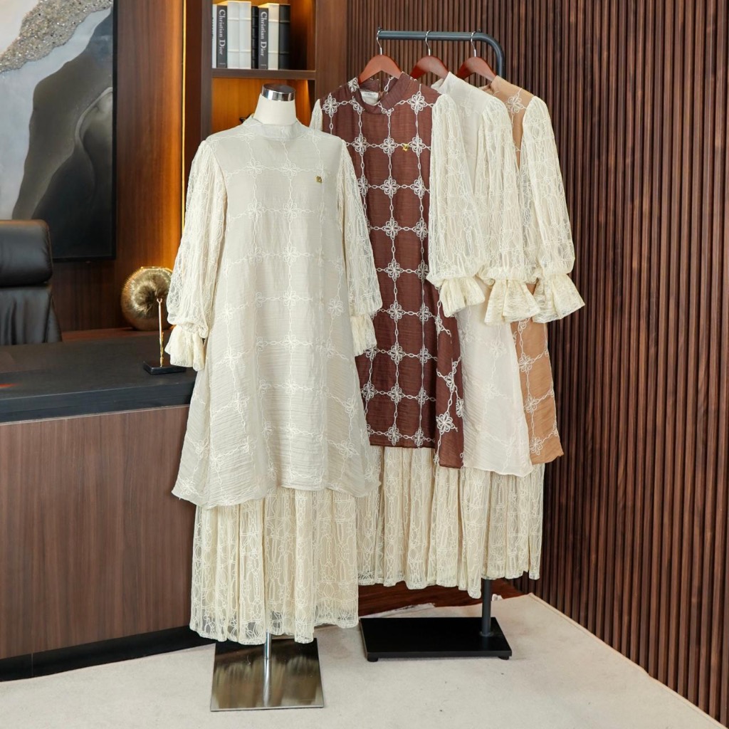 Dumma.id Pakaian Wanita Clestia Luxury Dress Fairy Crepe Mix Brukat Chantily Lapis Furing Gamis Mewa
