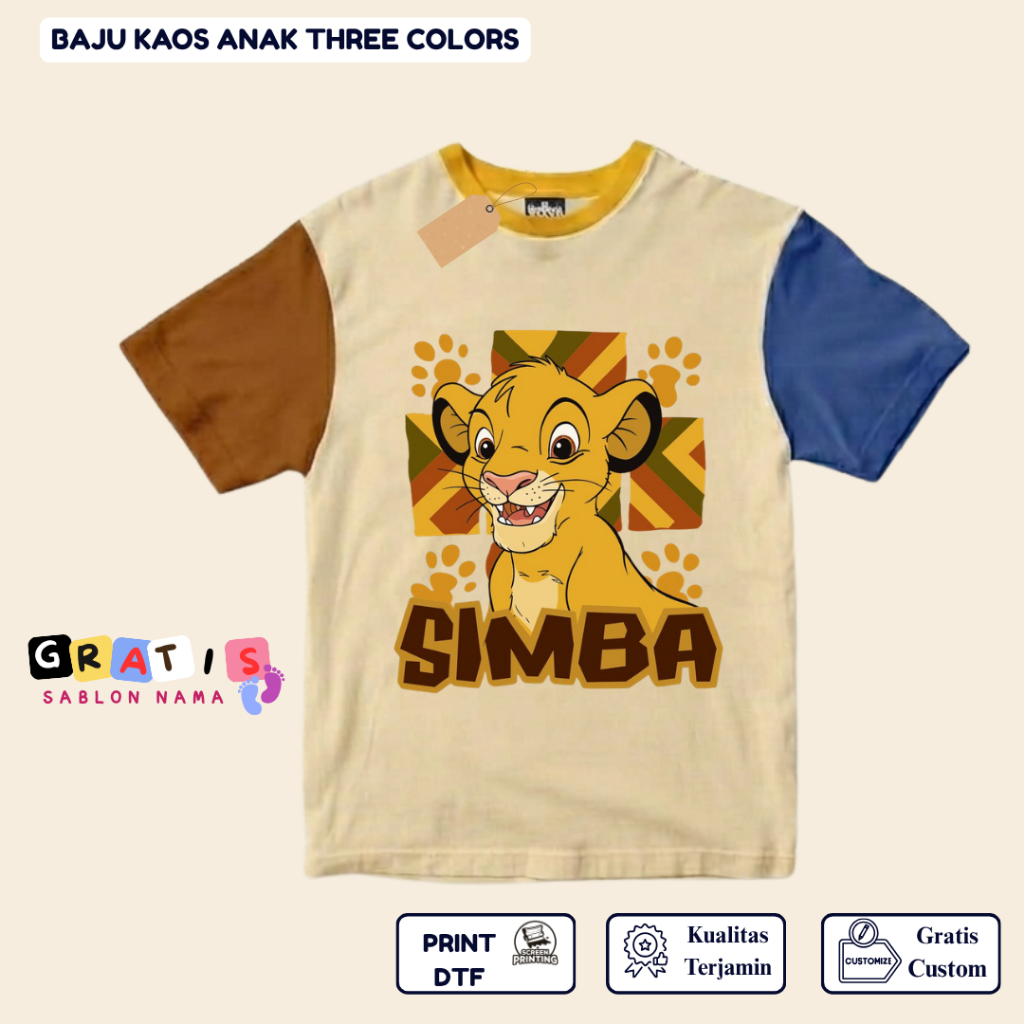 shabira tas  - Kaos Anak SIMBA  - Kaos Anak Pendek Three Colors Dino - Kaos Anak Sablon Nama