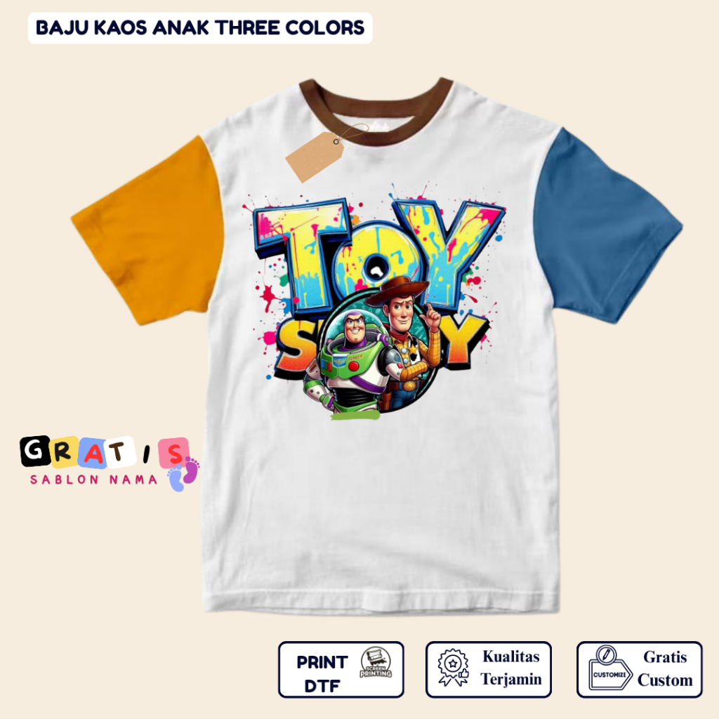 shabira tas  - Kaos Anak TOY STORY  - Kaos Anak Pendek Three Colors Dino - Kaos Anak Sablon Nama