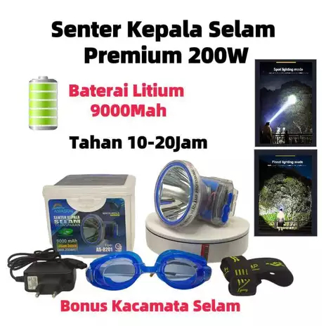 Senter Kepala Selam 200W White Laser Led Super Terang Tahan Lama / Senter Kepala Led Selam / Lampu K