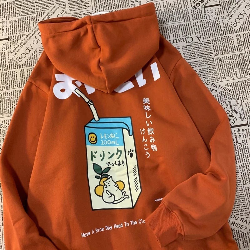 Sella hoodie streetwear tulisan jepang hoodie orange vintage streetwear hoodie lengan panjang wanita