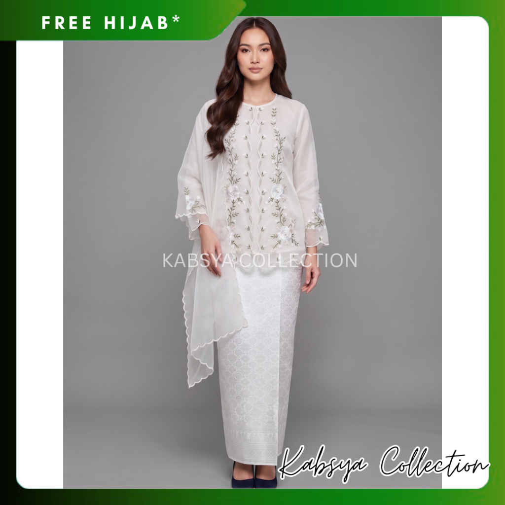 Set Kebaya Kurung Organza SAKILA Sulam Bunga Premium dan Selendang Organza / Baju Tunik Organza / Ba