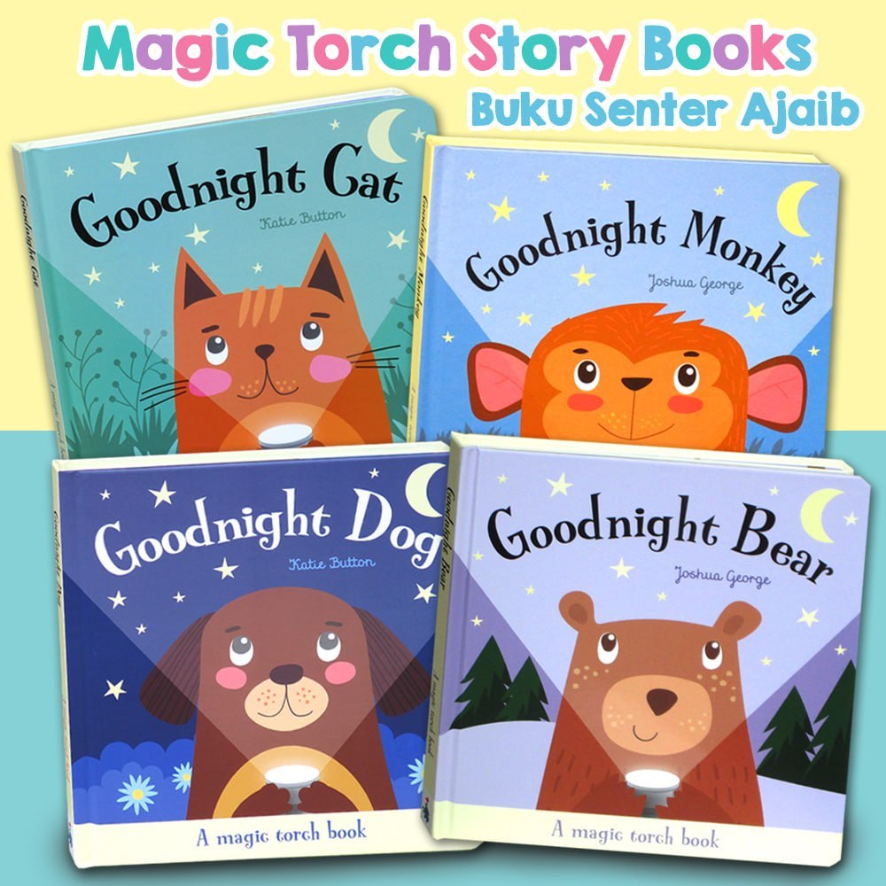 [Imagine That] Buku Senter Ajaib - Magic Torch Book Goodnight Bear / Lion / Cat / Monkey/ Dog (use t