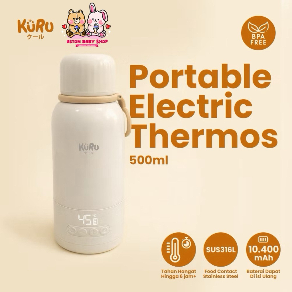 Kuru Portable Electric Thermos 500ml - Travel Bottle Warmer Portable - Pemanas Susu Travelling - Ter