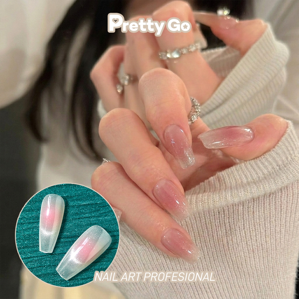 Kuku Palsu Seni Kuku Mata Kucing Gradien Merah Muda Seni Kuku Telanjang +Lem Nail Art