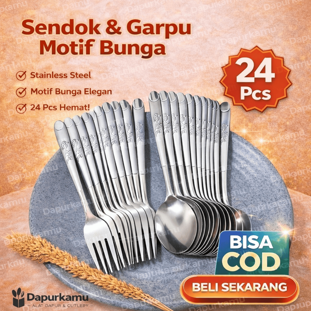 [COD] Sendok Garpu Makan Stainless 24 Pcs Motif Bunga Elegan Anti Karat Set Sendok Garpu Dapur Sendo
