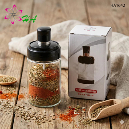 TSK Botol Tempat Bumbu Dapur Kaca dengan Sendok - 250ml, Tutup Kedap Udara, Desain Unik