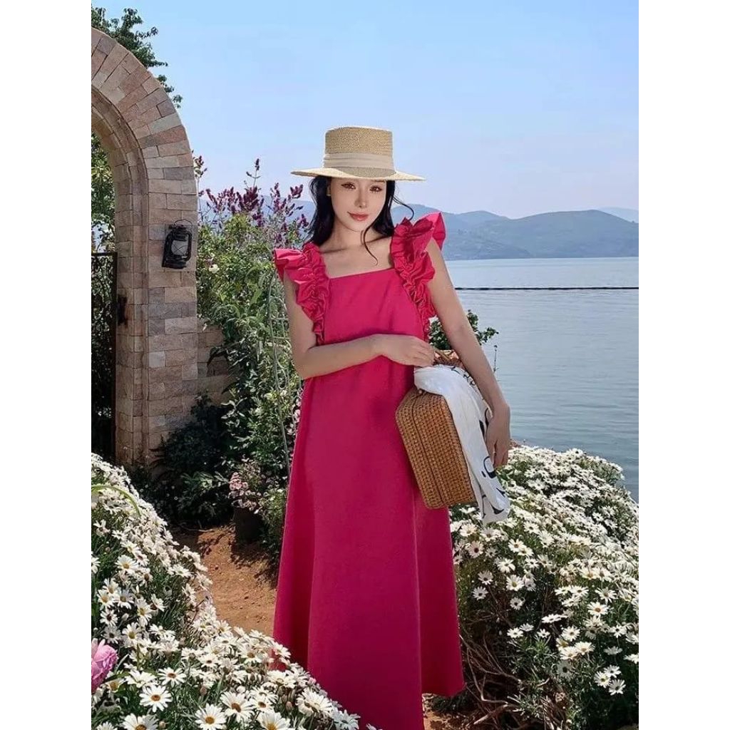 gloralia dress panjang//dress kerutan tanpa lengan//dress pantai kekinian//dress wanita//dress korea