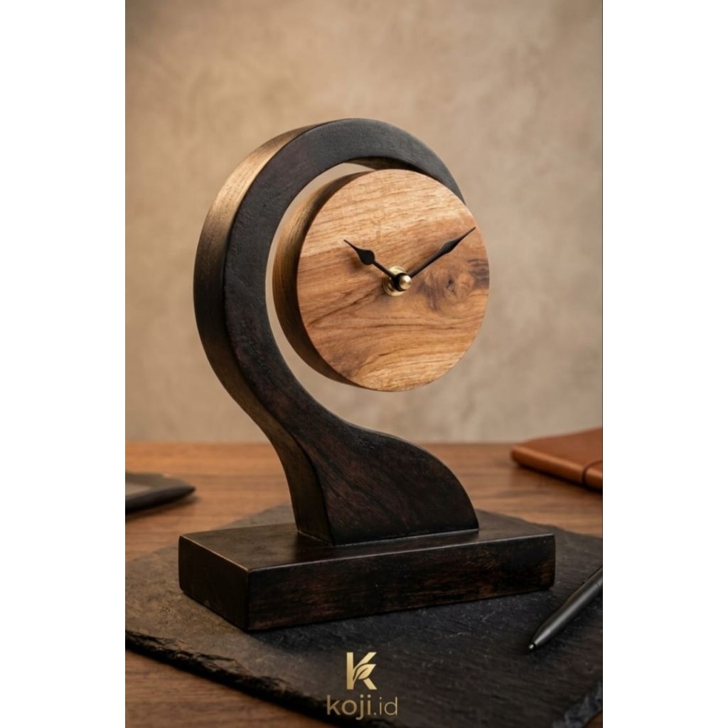 Jam Meja Kayu Jati Solid Handmade Desain Swan / Angsa – Ukiran Artistik Mewah | Jam Hias Kayu Jati P