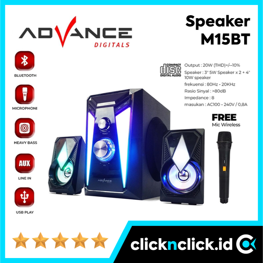 ADVANCE Digitals M15BT (FREE MIC) - Speaker 2.1 Bluetooth Wireless Bass Desktop Multimedia RGB Micro