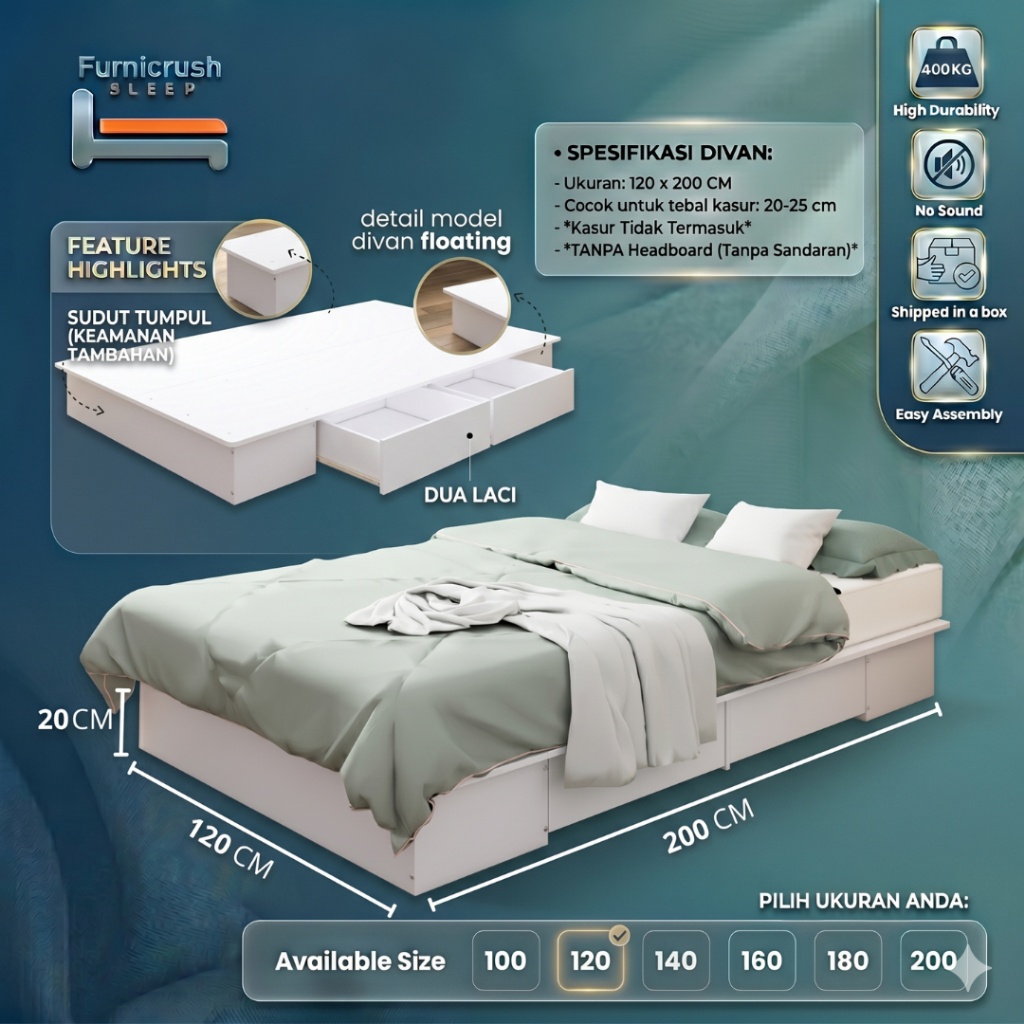 Furnicrush Sleep Dipan Kasur 120 X 200 / Ranjang Tempat Tidur / Divan 120 / Dipan Laci / Divan Doubl