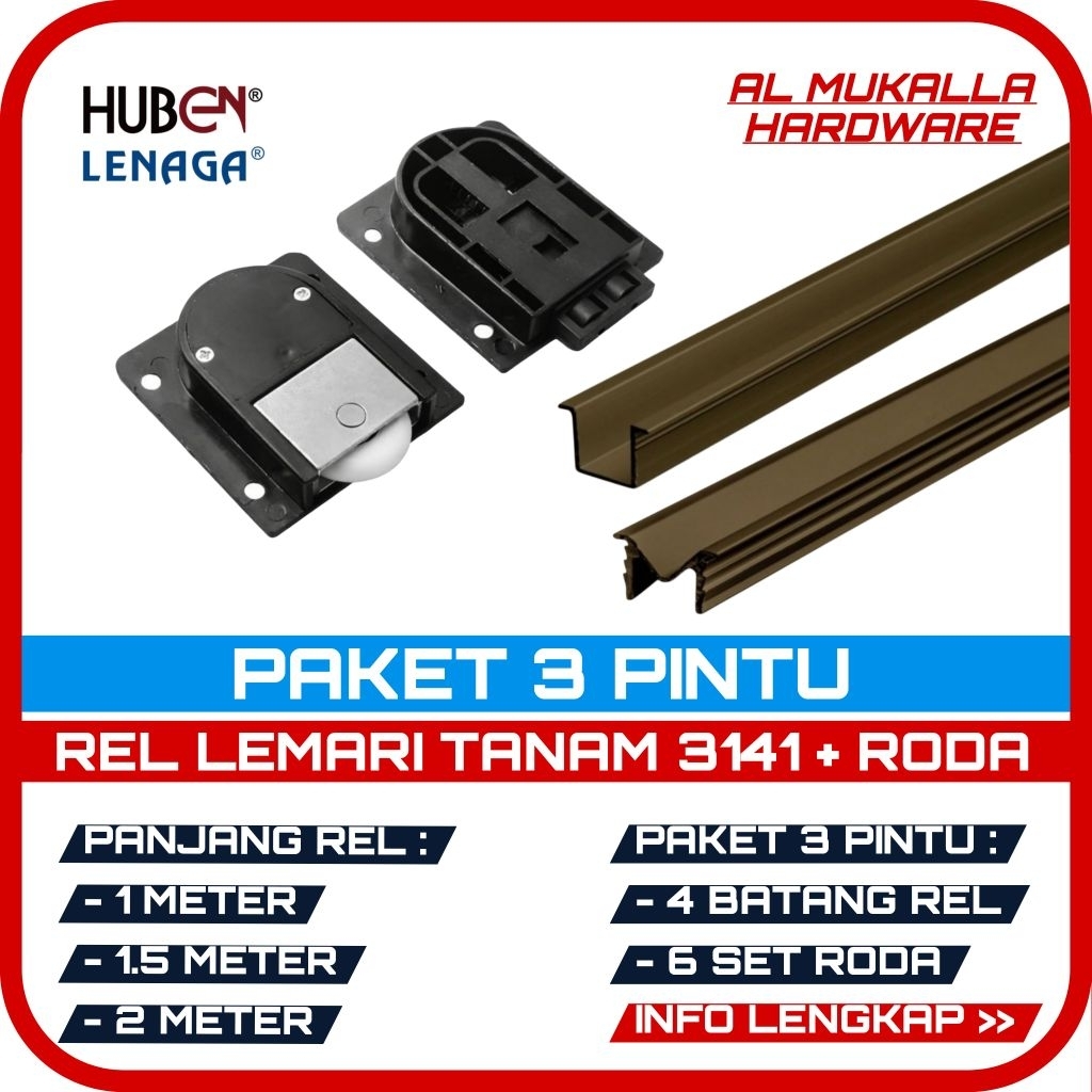 [ 3 Pintu ] Rel Lemari Sliding 3 Pintu 1/1.5/2 Meter Rel LAS - 02 - U M Lengkap Dengan Roda Lemari G