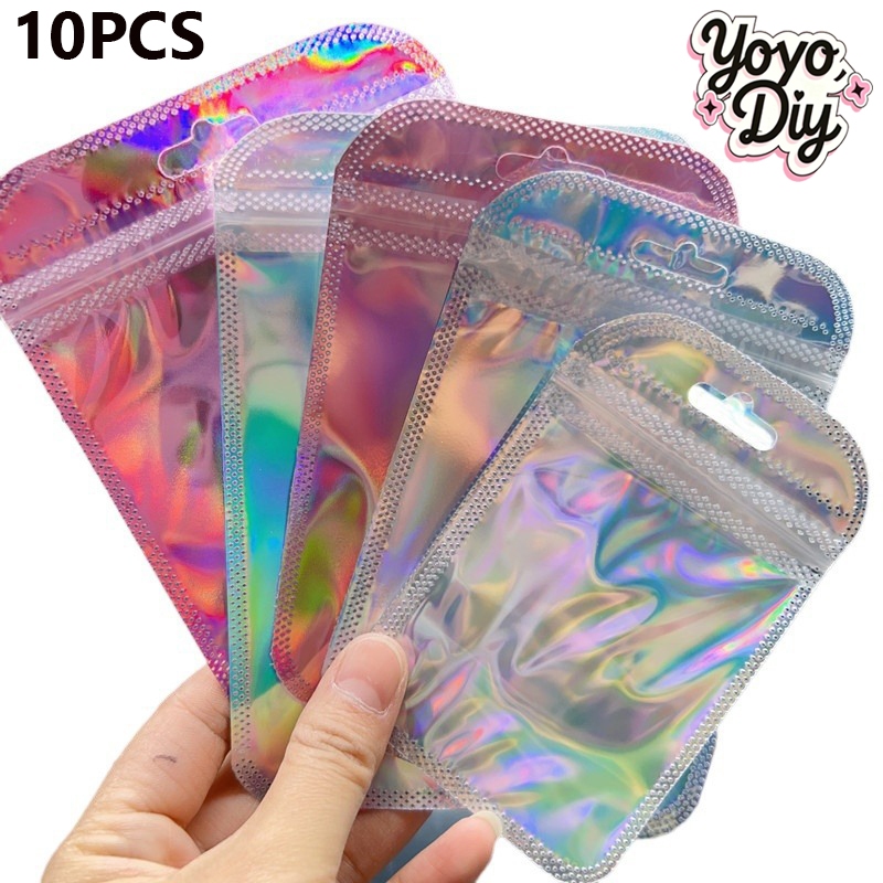 (10pcs)Plastik ziplock hologram Plastik OPP Ziplock Hologram Warna Warni Kemasan laser warna