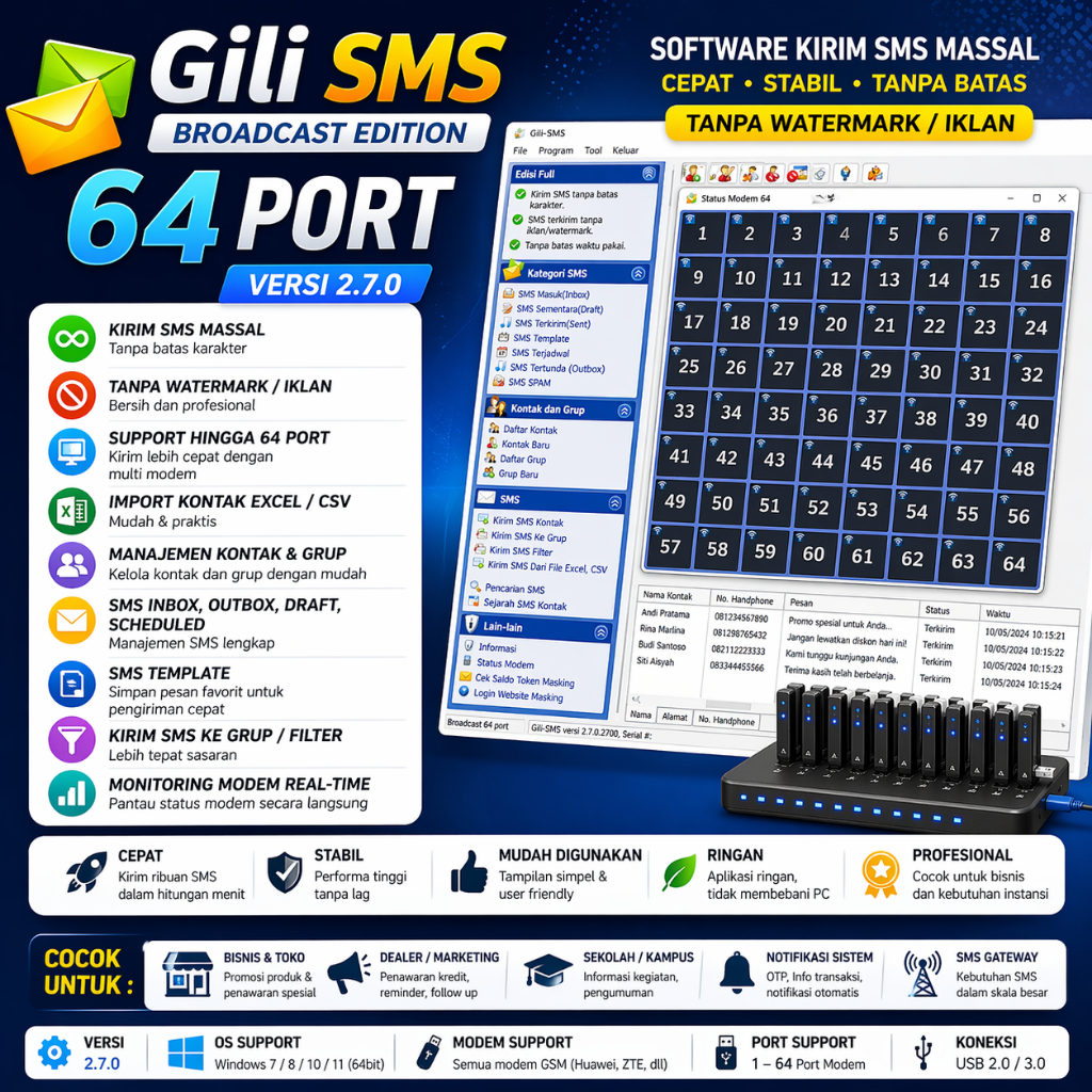 Software GiliSMS Broadcast Edition 64 Port v2.7.0
