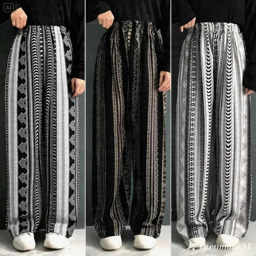 Celana Kulot Panjang Wanita Motif Geometris Hitam Putih Batik Salur