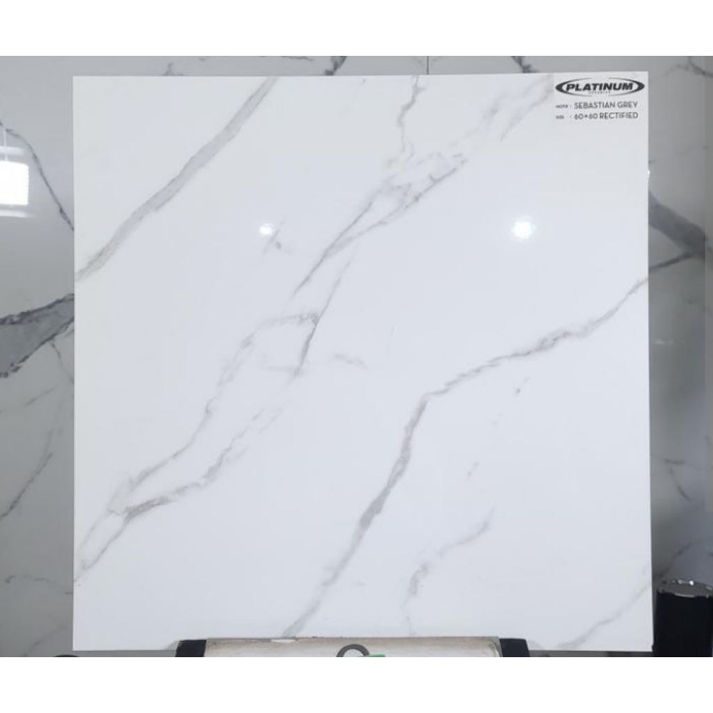 Keramik Lantai Putih Motif 60x60 Glosy Cutting - Platinum Sebastian Grey Motif Marmer