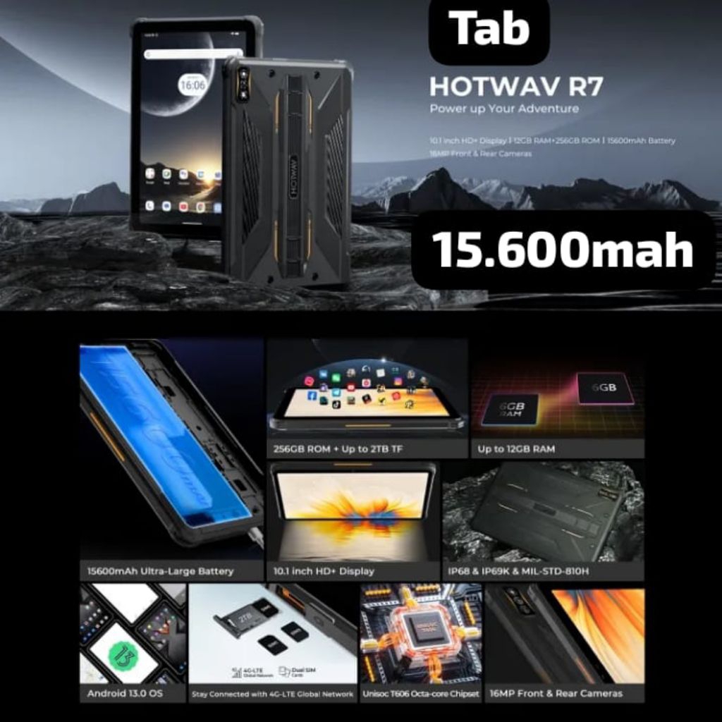 Tablet Rugged Hotwav R7 ram 6+256gb baterai 15600mAh 10inch