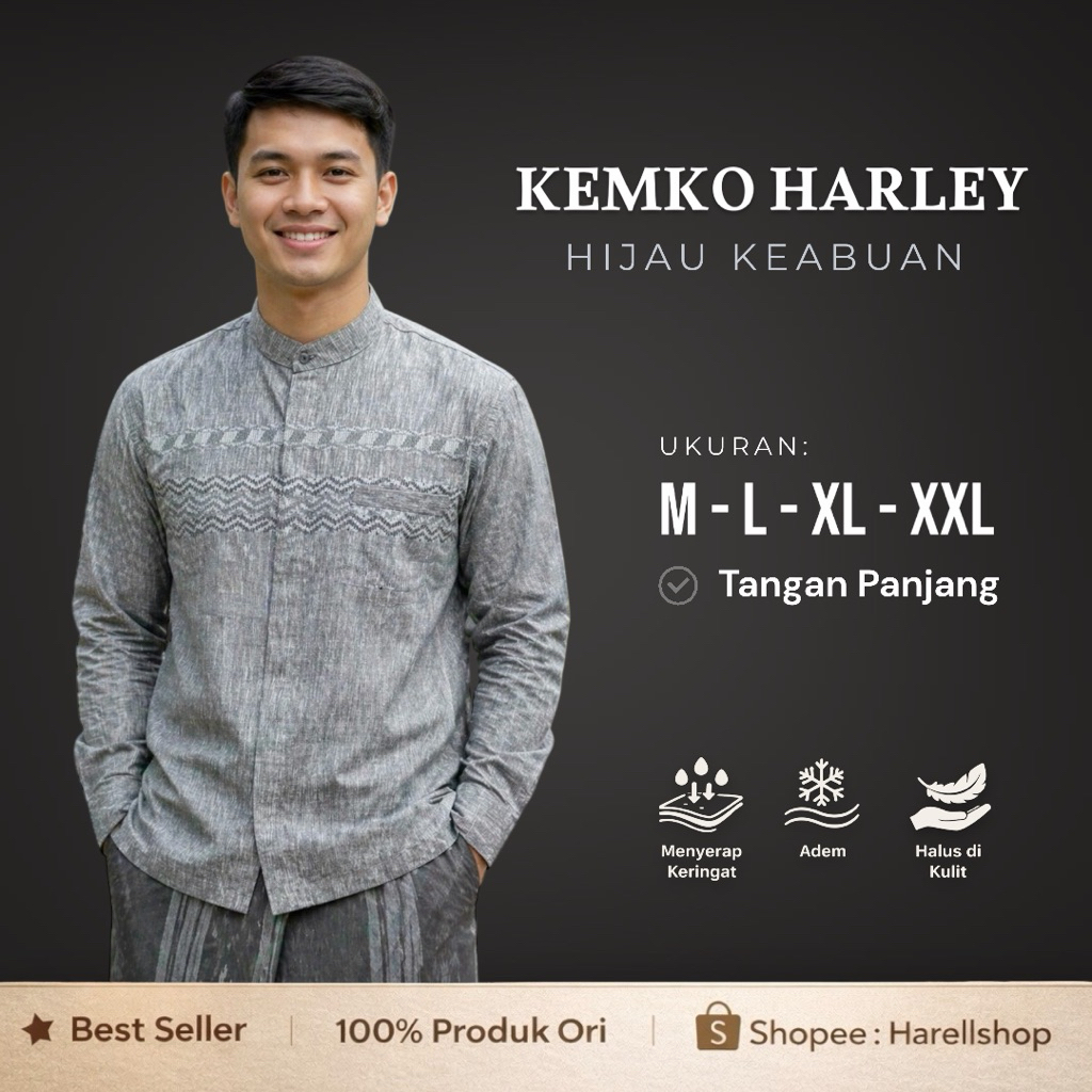 Kemko Harley Pria Lengan Panjang – Warna Hijau Keabuan – Baju Koko Modern