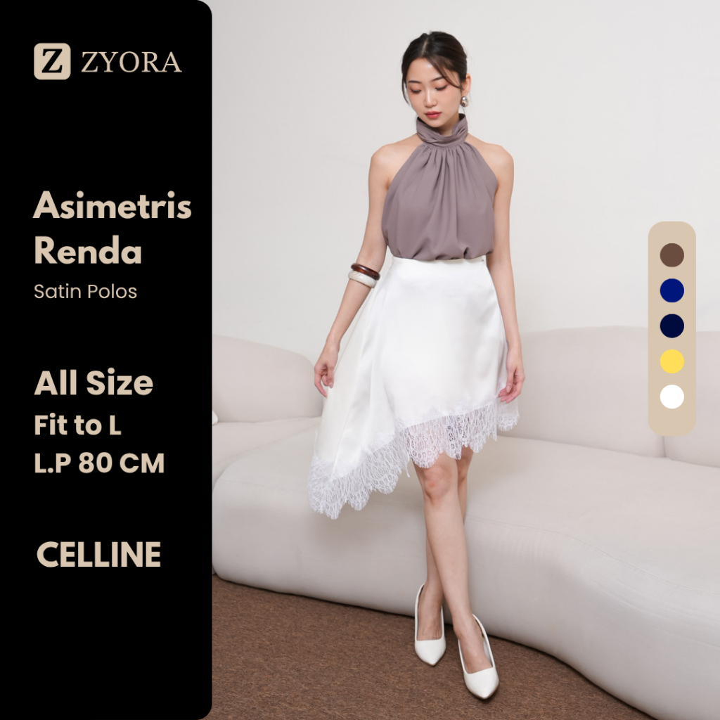 ZYORA Rok Wanita Asimetris Renda CELLINE Pendek Bahan Satin Polos