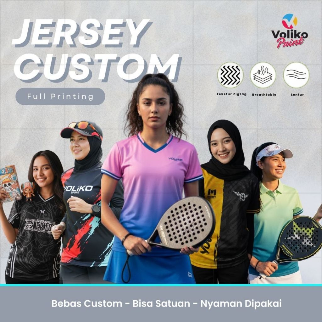 Jersey Padel Futsal Kaos Voli Full Printing Satuan Cewek Desain Custom Atasan Setelan