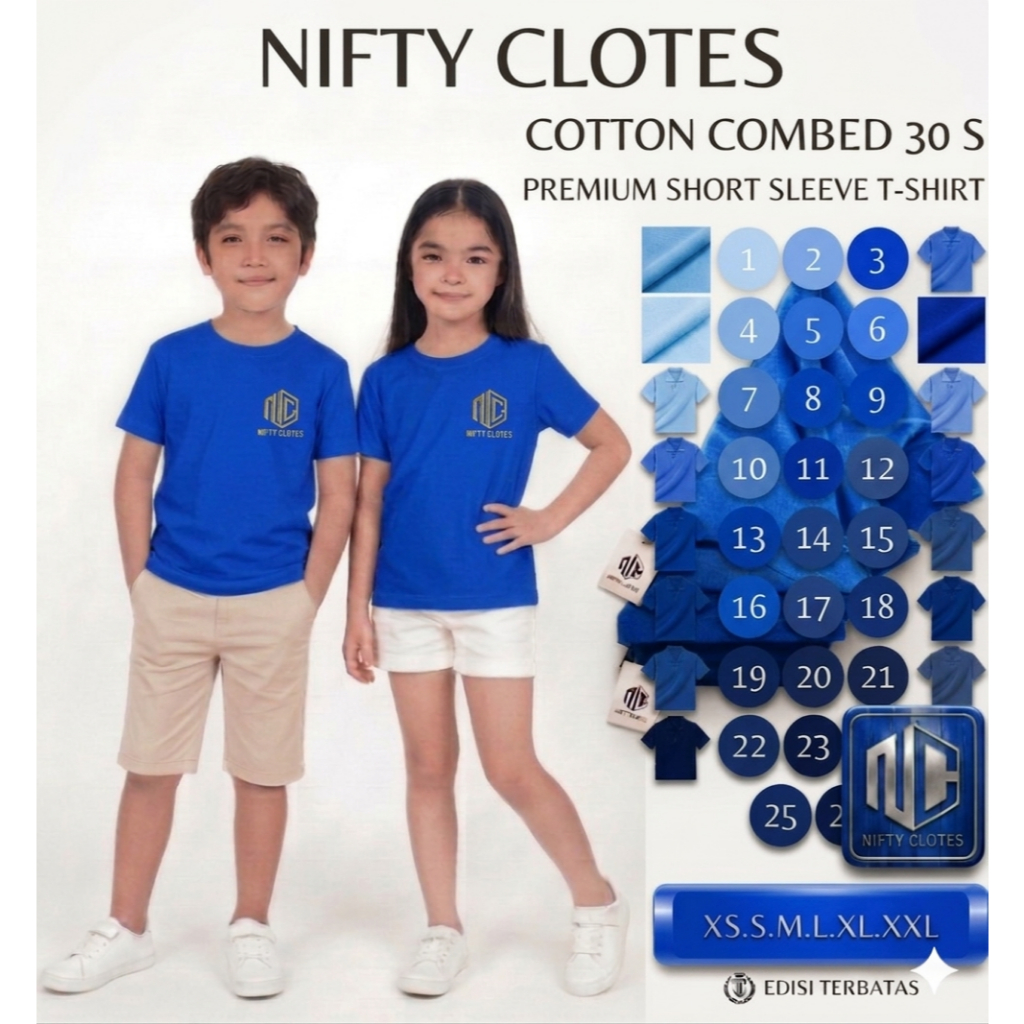 Niftycloth Kaos Polos Anak Lengan Pendek Biru Benhur/ Elektrik