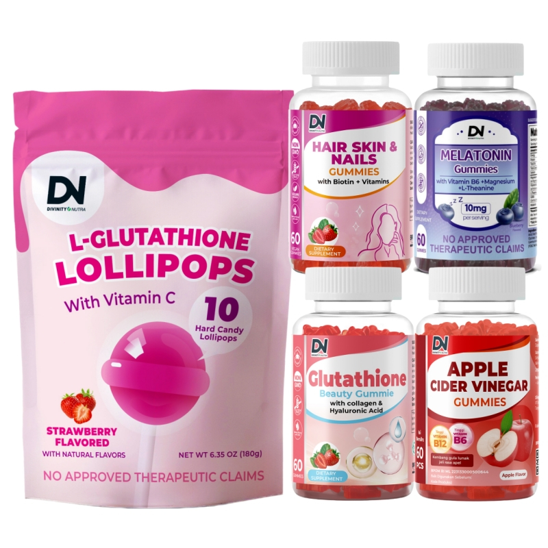 Divinity Nutra Paket Komplit 60PCS Gummies 10PCS Lollipops - Glutathione & Kolagen Beauty Gummy, L-G